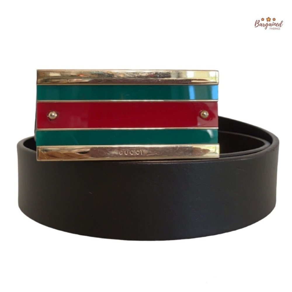 Authentic Gucci Brown Leather Gold-Edged Iconic Red/Green Web Buckle Belt 85/34